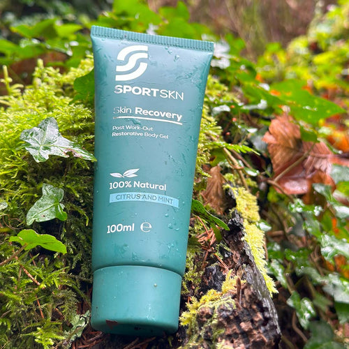 SportSKN 100ml aloe vera skin recovery gel for post exercise routines, made with natural ingredients such as eucalyptus, citrus and mint