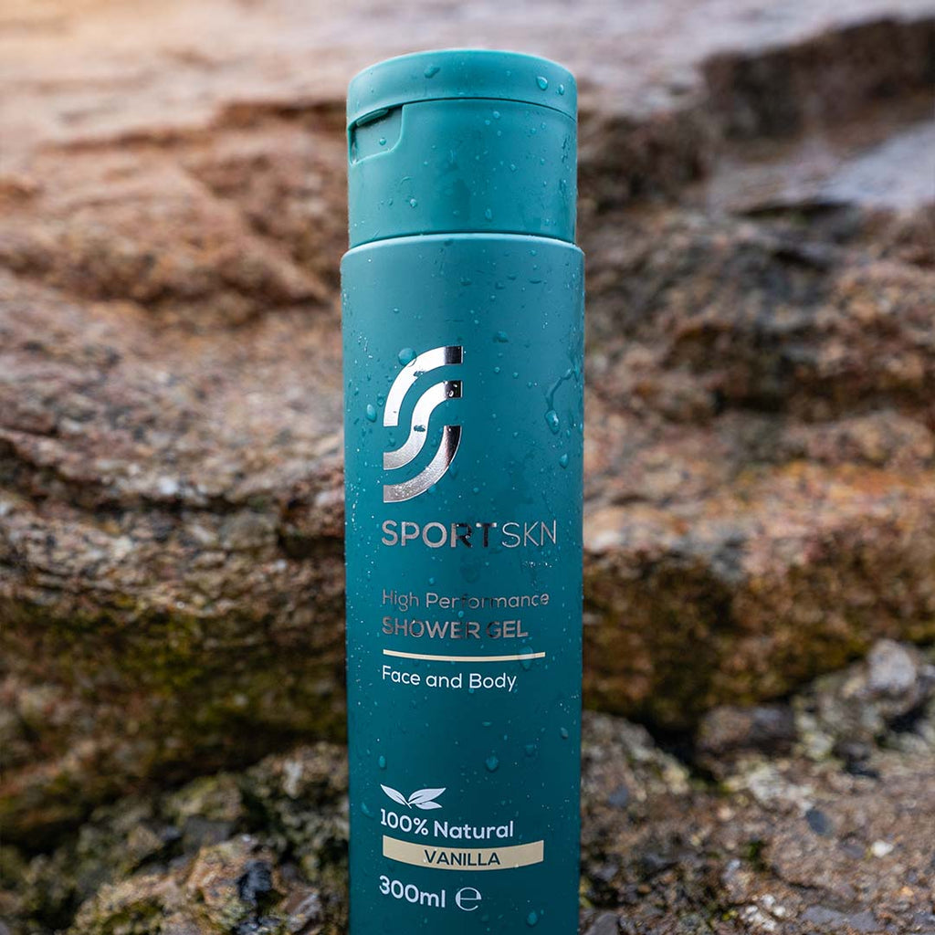 300ml SportSkn high-performance shower gel for post-exercise routines made with natural ingredients such as aloe vera and eucalyptus