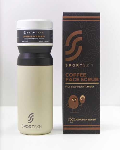 Sportskn gift set with a gentle exfoliating coffee face scrub made with natural ingredients and essential oils, and a tumbler
