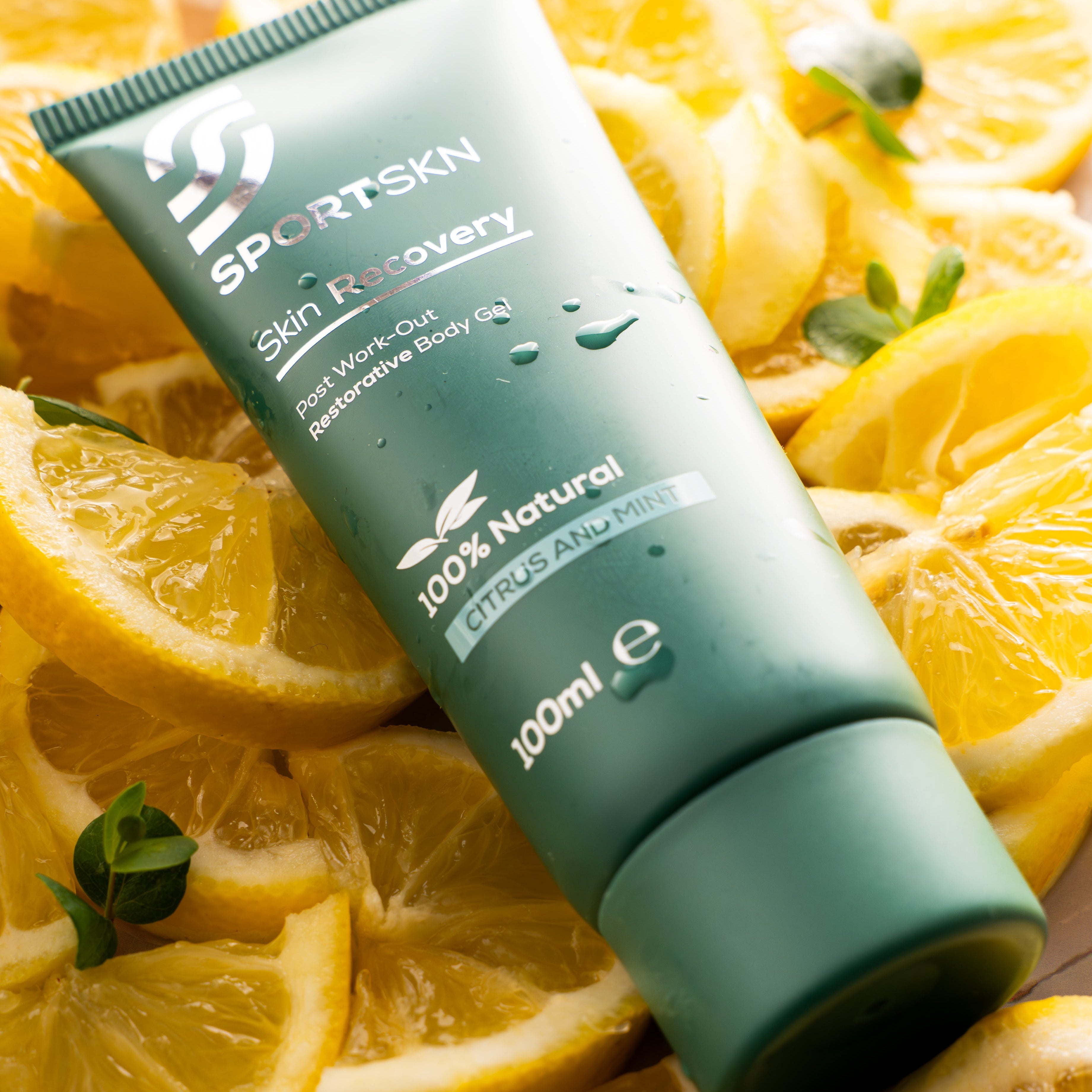 SportSKN post-workout skin recovery gel enriched with natural ingredients such as aloe vera, eucalyptus, citrus and mint