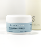 SportSKN sugar face scrub made with natural ingredients such as Aloe Vera, Allantoin, and Hyaluronic Acid, for gentle exfoliation