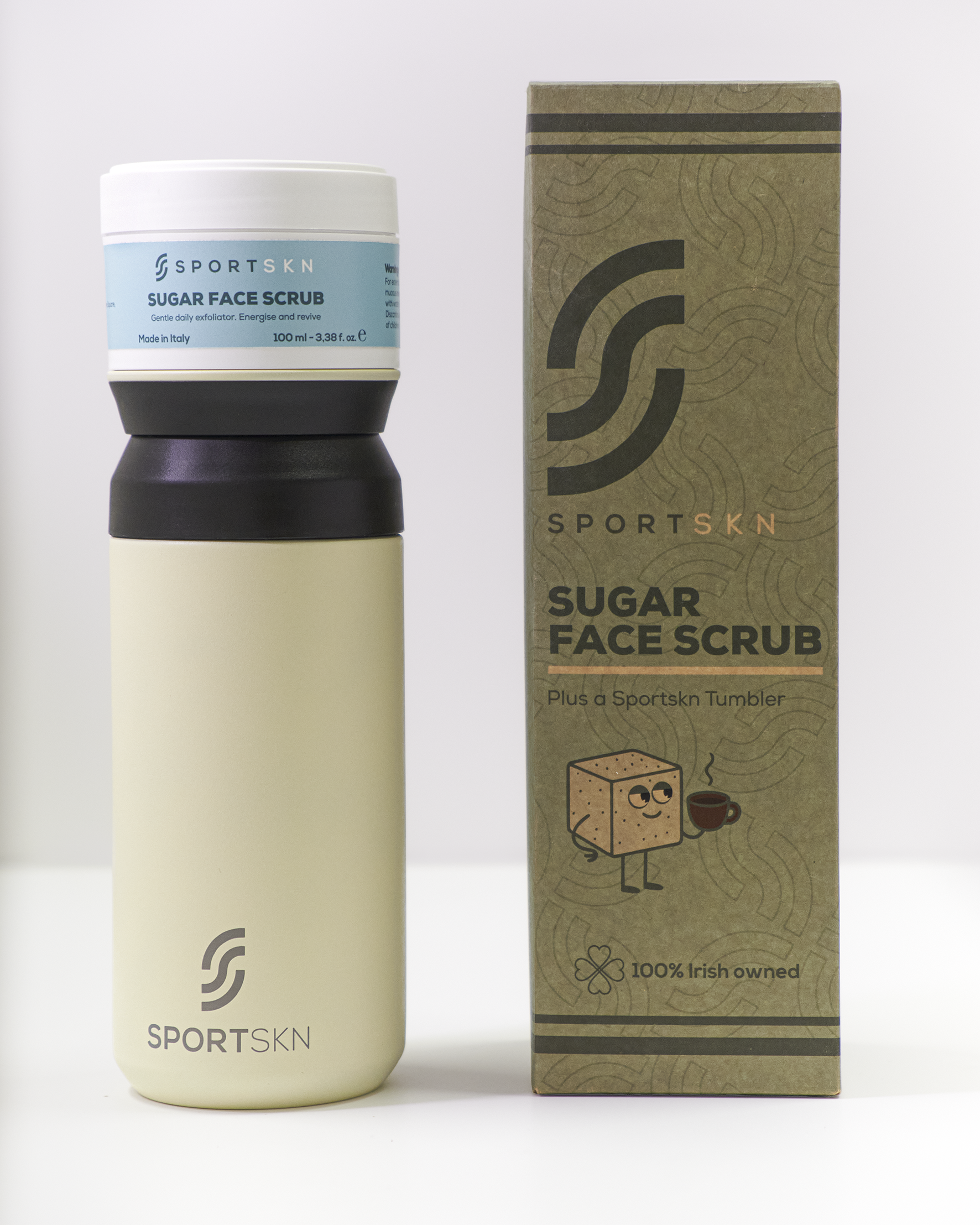 Sportskn gift set with a premium tumbler and sugar face scrub enriched with natural ingredients such as Aloe Vera, Allantoin, and Hyaluronic Acid, an exfoliating treatment that keeps skin hydrated and soothed