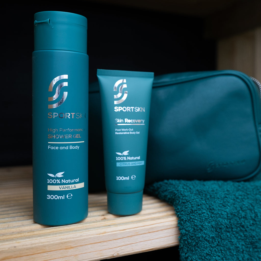 SportSkn post-workout set with high-performance shower gel and aloe vera skin recovery gel, with natural ingredients to ensure skin and muscle recovery