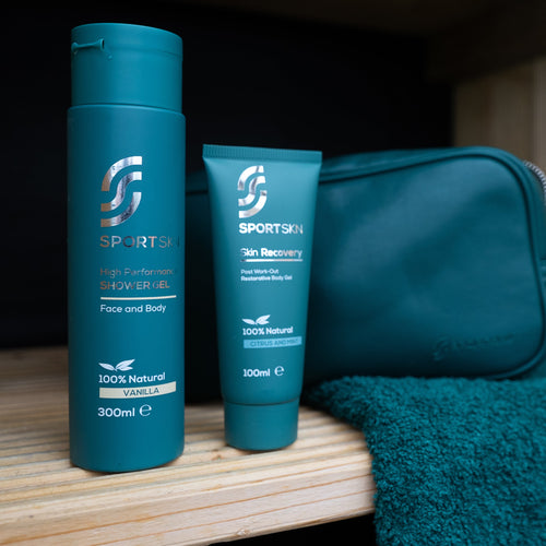 SportSkn post-workout set with high-performance shower gel and aloe vera skin recovery gel, with natural ingredients to ensure skin and muscle recovery