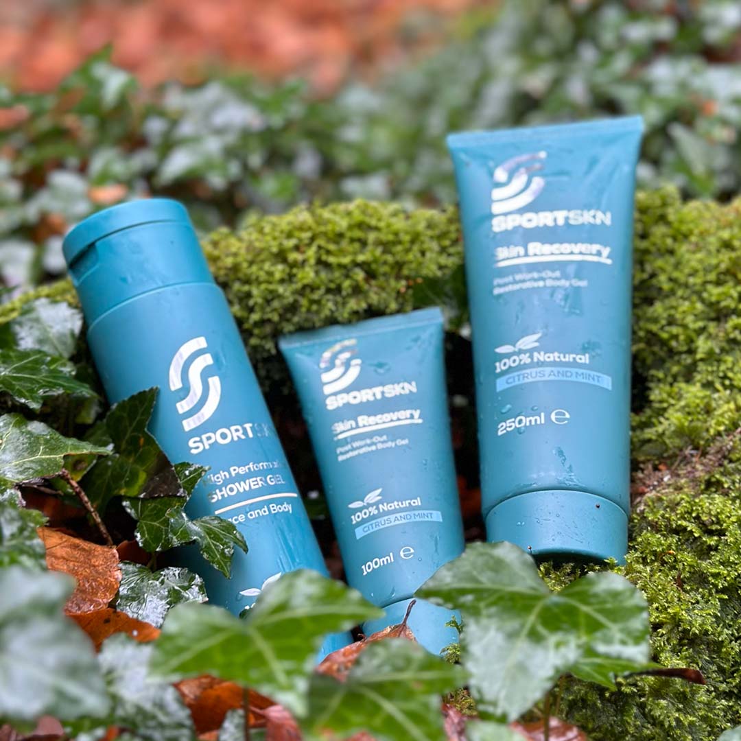 SportSKN natural post-exercise gift set, including shower gel and skin recovery gel, containing natural ingredients such as aloe vera and eucalyptus
