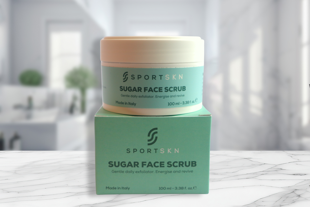 SportSKN sugar face scrub with natural ingredients such as Aloe Vera, Allantoin, and Hyaluronic Acid, an exfoliating treatment that keeps skin hydrated and soothed
