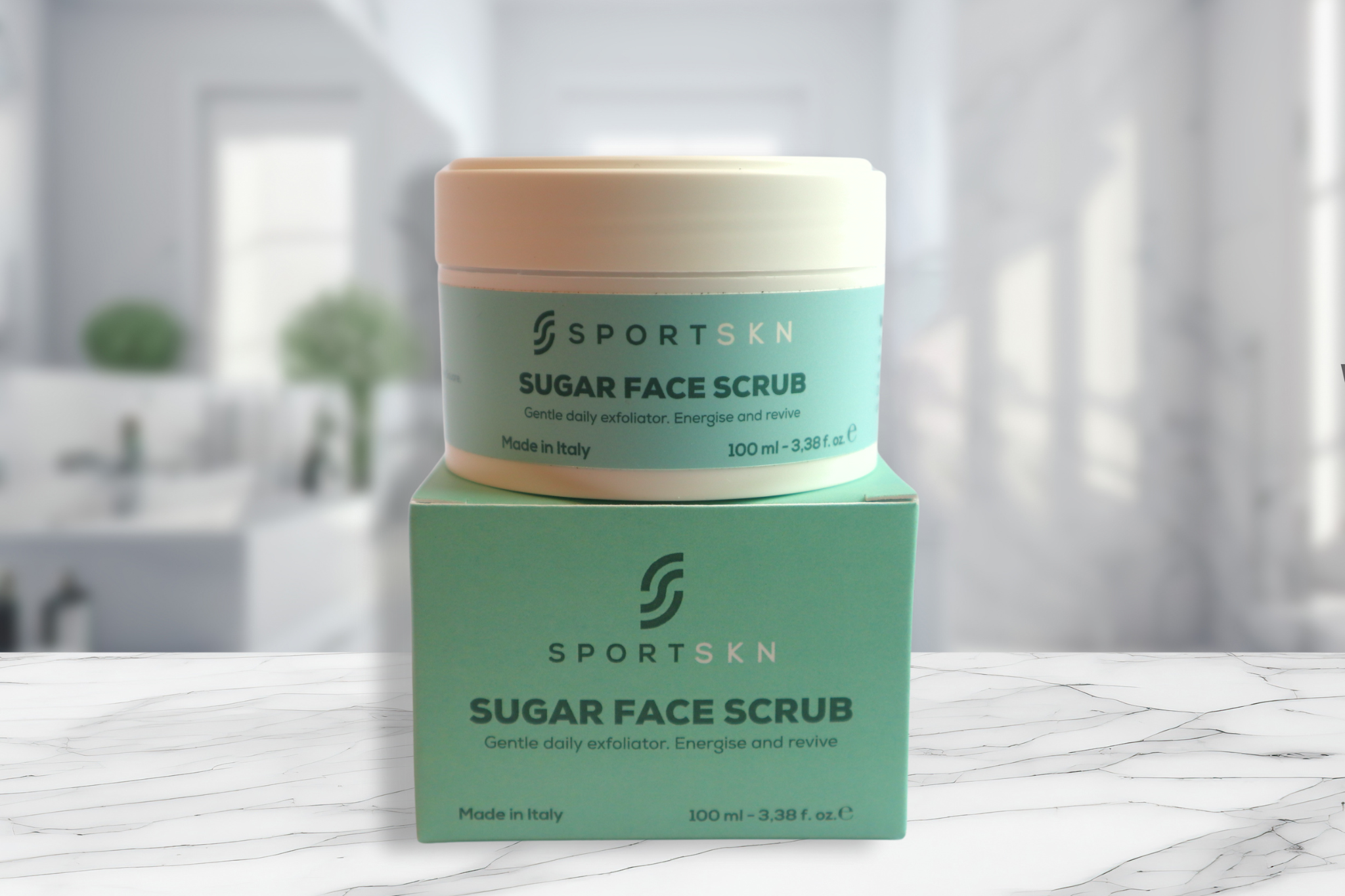 SportSKN sugar face scrub with natural ingredients such as Aloe Vera, Allantoin, and Hyaluronic Acid, an exfoliating treatment that keeps skin hydrated and soothed